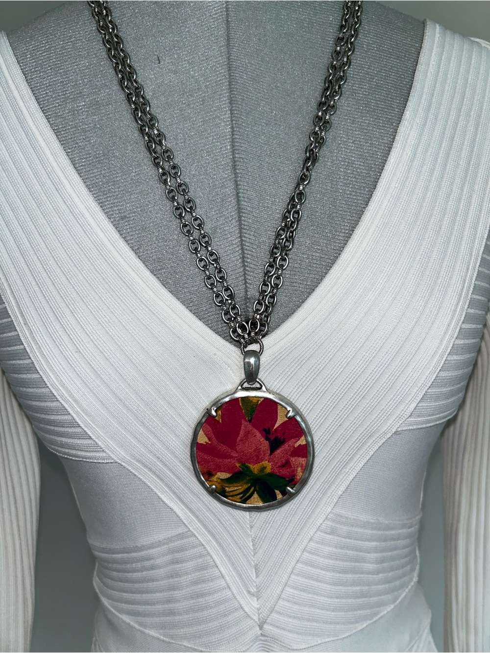 Patricia Nash Silver-Tone Round Pendant Necklace with Red and Green Floral Inset